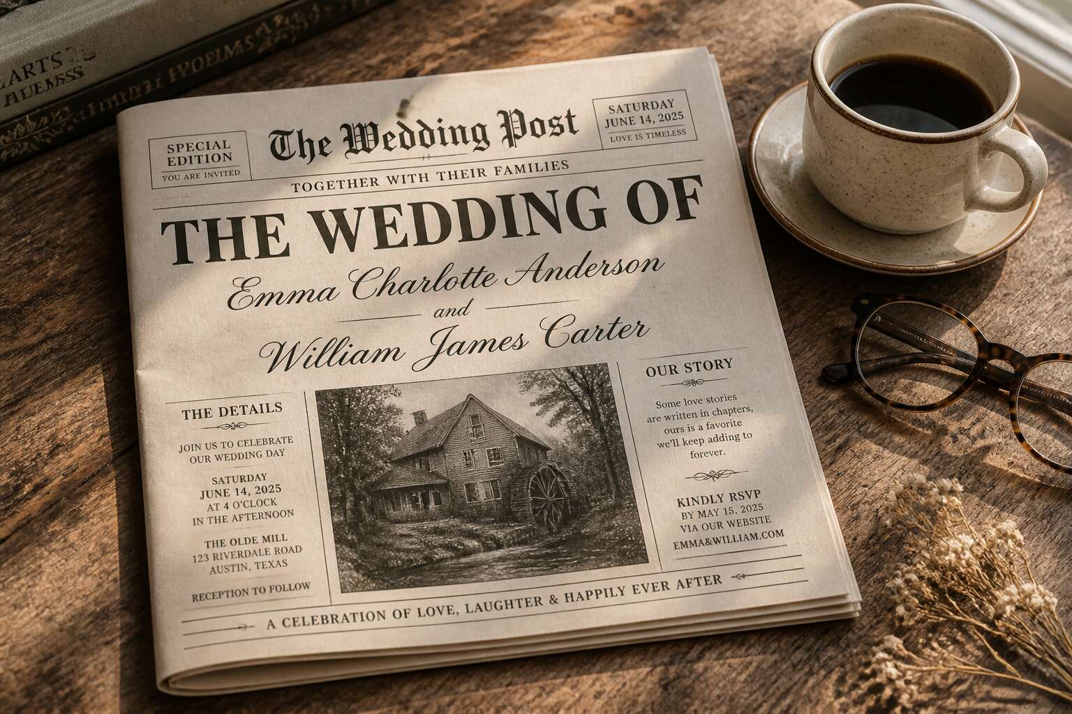 generated_image_6ab069f87cf12.jpg wedding invitation like newspaper